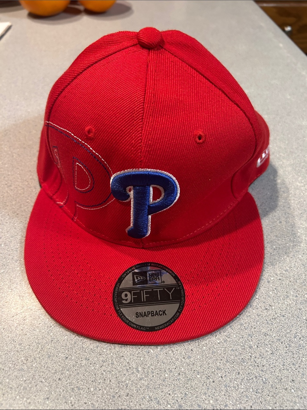 New Era - Men’s Red Philadelphia 'P' Snapback Hat with Blue Accent - NEW